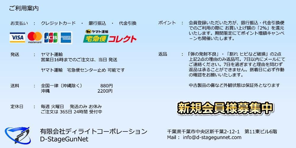 ご利用案内 有限会社ディライトコーポレーション D-StageGunNet 送料 全国一律880円・定休日火曜日・ポイント還元・返品の説明